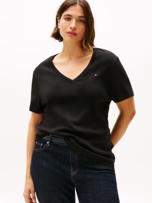 schwarz curve slim fit t-shirt mit v-ausschnitt für damen - tommy hilfiger