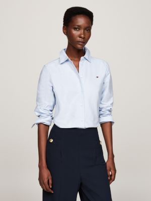 blauw oxford regular fit overhemd met vlag voor dames - tommy hilfiger