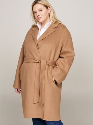 brown curve double faced wool blend belted coat for women tommy hilfiger