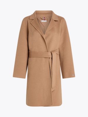 brown curve double faced wool blend belted coat for women tommy hilfiger