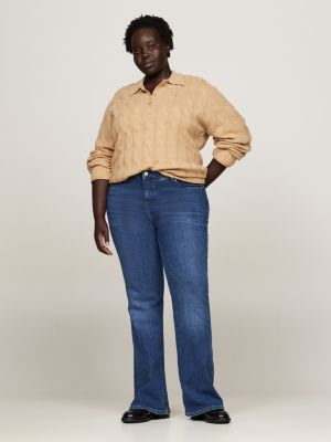 pull décontracté curve pure laine à col polo kaki pour femmes tommy hilfiger