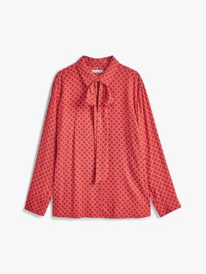 red curve hilfiger monotype tie-neck blouse for women tommy hilfiger