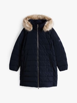 blue curve down faux fur-trim hooded coat for women tommy hilfiger