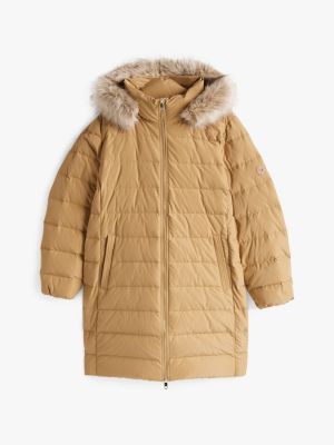 khaki curve donsjas met capuchon en imitatiebont voor dames - tommy hilfiger