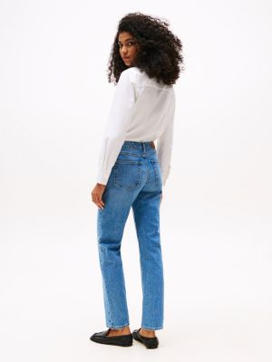 blue faded mid rise straight leg jeans for women tommy hilfiger