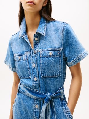 blauw denim mini-jurk met ceintuur en korte mouwen voor dames - tommy hilfiger