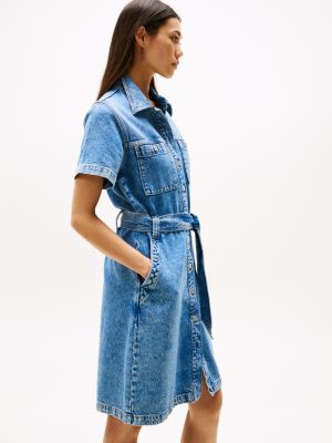 blue belted short sleeve denim mini dress for women tommy hilfiger