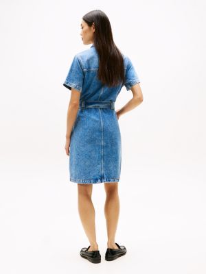 blue belted short sleeve denim mini dress for women tommy hilfiger