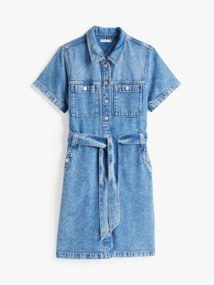 blau jeans-minikleid mit gürtel und kurzen ärmeln für damen - tommy hilfiger