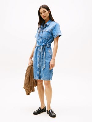 blue denim mini-jurk met ceintuur en korte mouwen voor dames - tommy hilfiger