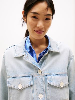 blue oversized faded denim utility jacket for women tommy hilfiger