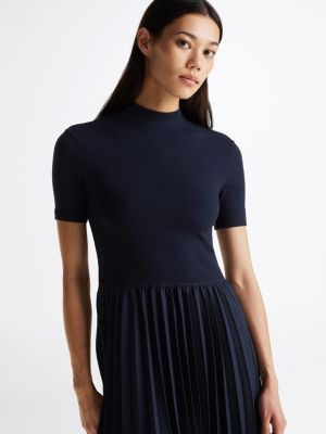 blue pleated midi fit and flare dress for women tommy hilfiger