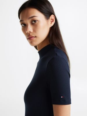 blau fit-and-flare-kleid in midi-länge mit falten für damen - tommy hilfiger