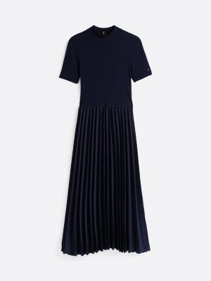 blau fit-and-flare-kleid in midi-länge mit falten für damen - tommy hilfiger