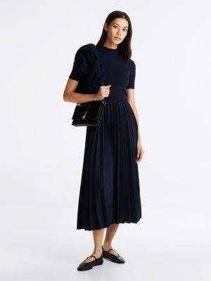 blue pleated midi fit and flare dress for women tommy hilfiger