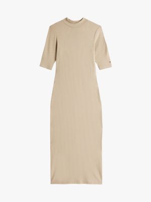 robe moulante longueur midi côtelée kaki pour femmes tommy hilfiger