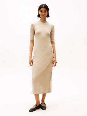 vestido midi ajustado acanalado de corte slim khaki de mujeres tommy hilfiger