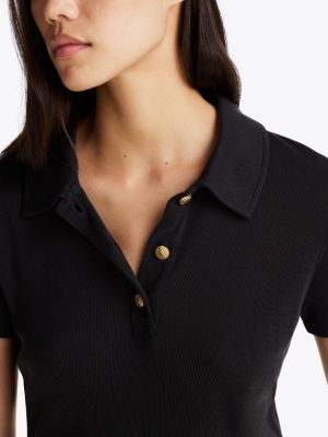 polo ajusté à boutons dorés noir pour femmes tommy hilfiger