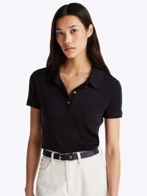 polo ajusté à boutons dorés noir pour femmes tommy hilfiger