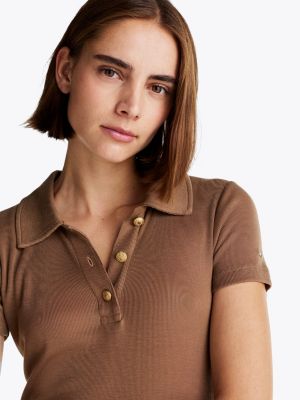 brown slim fit gold-tone button polo shirt for women tommy hilfiger