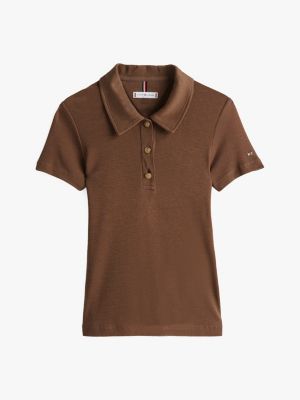 brown slim fit gold-tone button polo shirt for women tommy hilfiger