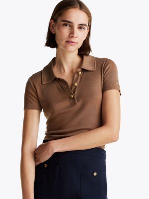 brown slim fit gold-tone button polo shirt for women tommy hilfiger