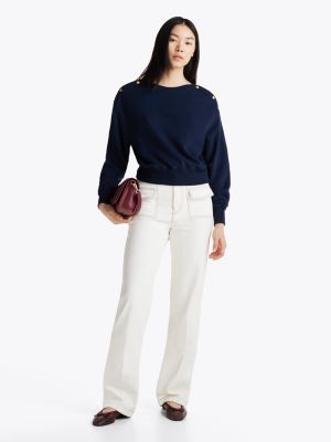 blau sweatshirt mit u-boot-ausschnitt und knöpfen für damen - tommy hilfiger