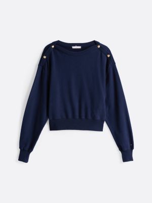 blau sweatshirt mit u-boot-ausschnitt und knöpfen für damen - tommy hilfiger