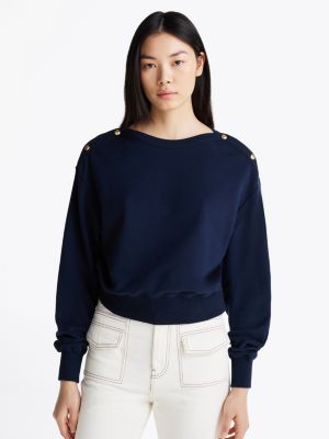 blue gold-tone button boat neck sweatshirt for women tommy hilfiger