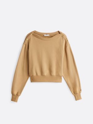 brown gold-tone button boat neck sweatshirt for women tommy hilfiger