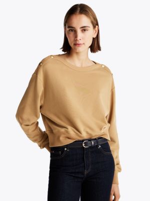 brown gold-tone button boat neck sweatshirt for women tommy hilfiger