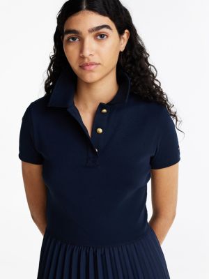 blue gold-tone button slim midi polo dress for women tommy hilfiger