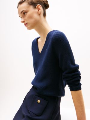 blau pullover mit zopfmuster und v-ausschnitt für damen - tommy hilfiger