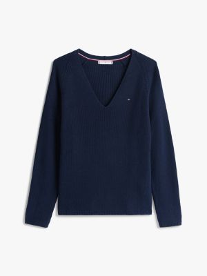 blau pullover mit zopfmuster und v-ausschnitt für damen - tommy hilfiger