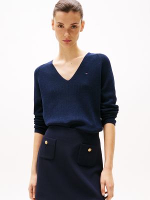 blau pullover mit zopfmuster und v-ausschnitt für damen - tommy hilfiger