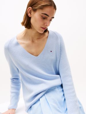 pull en maille torsadée à col en v bleu pour femmes tommy hilfiger