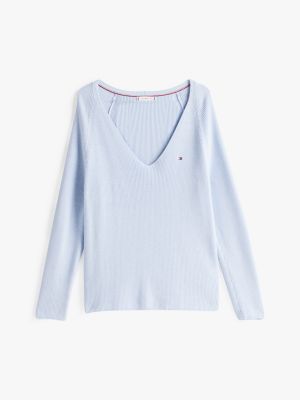 pull en maille torsadée à col en v bleu pour femmes tommy hilfiger