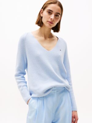 pull en maille torsadée à col en v blue pour femmes tommy hilfiger