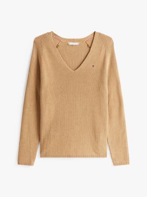 pull en maille torsadée à col en v marron pour femmes tommy hilfiger