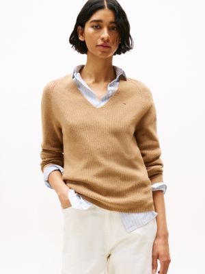 braun pullover mit zopfmuster und v-ausschnitt für damen - tommy hilfiger