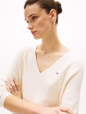 white cable knit v-neck jumper for women tommy hilfiger