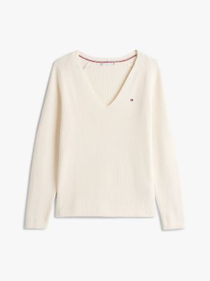 weiß pullover mit zopfmuster und v-ausschnitt für damen - tommy hilfiger