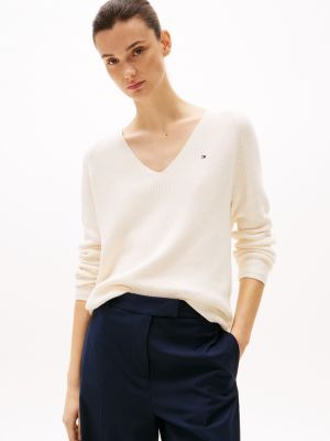 white pullover mit zopfmuster und v-ausschnitt für damen - tommy hilfiger