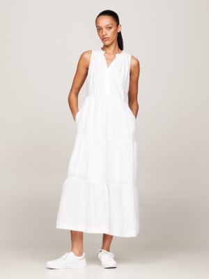 white gestuftes ärmelloses leinen-maxikleid für damen - tommy hilfiger