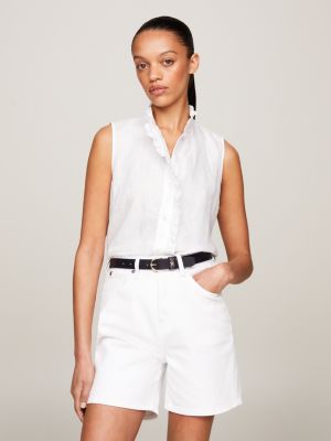 white ärmellose leinenbluse mit rüschenkragen für damen - tommy hilfiger