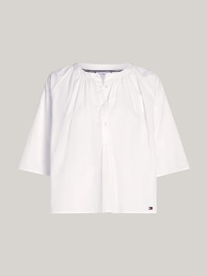 white voile three-quarter sleeve half-placket blouse for women tommy hilfiger