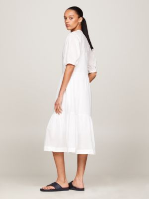 white voile short sleeve fit and flare maxi dress for women tommy hilfiger