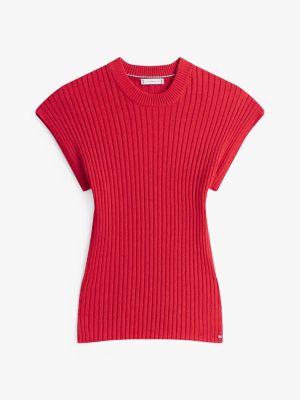 pull ajusté côtelé à mancherons rouge pour femmes tommy hilfiger