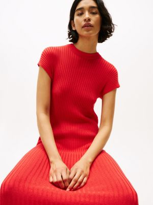 rot geripptes midi-strickkleid mit flügelärmeln für damen - tommy hilfiger