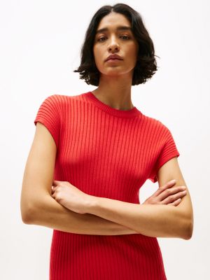 robe pull midi côtelée à mancherons rouge pour femmes tommy hilfiger